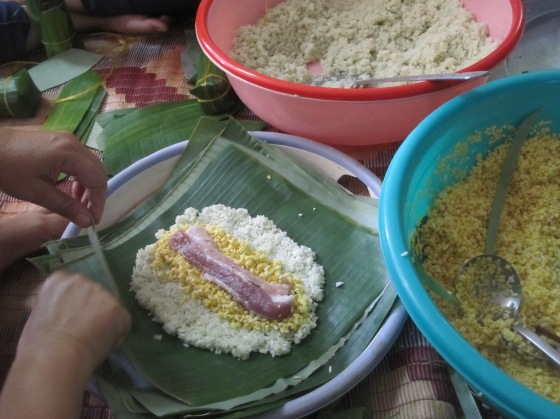 traditional Banh Tet being prepared