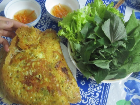 Banh Xeo: crispy Vietnamese crepes made with rice flour, coconut milk and tumeric. They are typically filled with sliced pork belly, shrimp, onions and bean sprouts